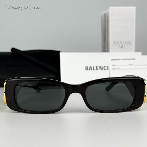 NEW Balenciaga BB0096S 002 Havana Gold Logo Green Rectangle Unisex Sunglasses - Picture 4 of 13
